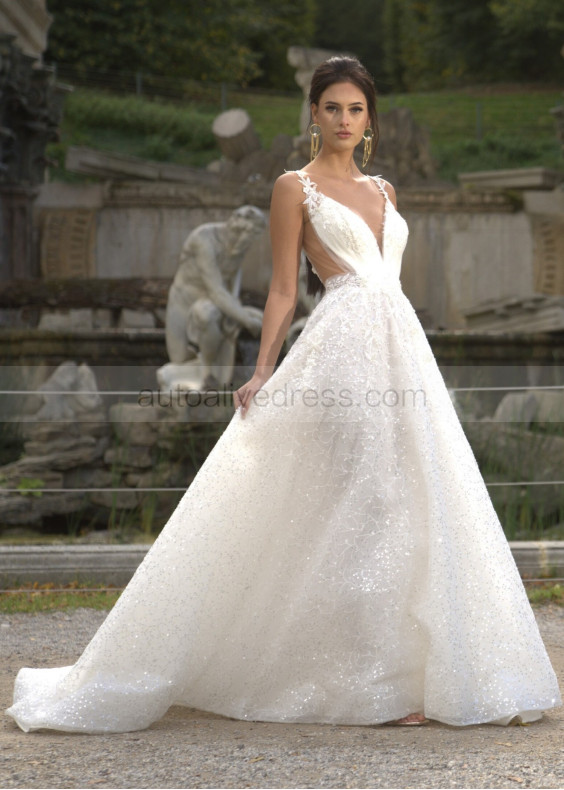 Plunging V Neck Beaded Ivory Lace Tulle Sexy Wedding Dress